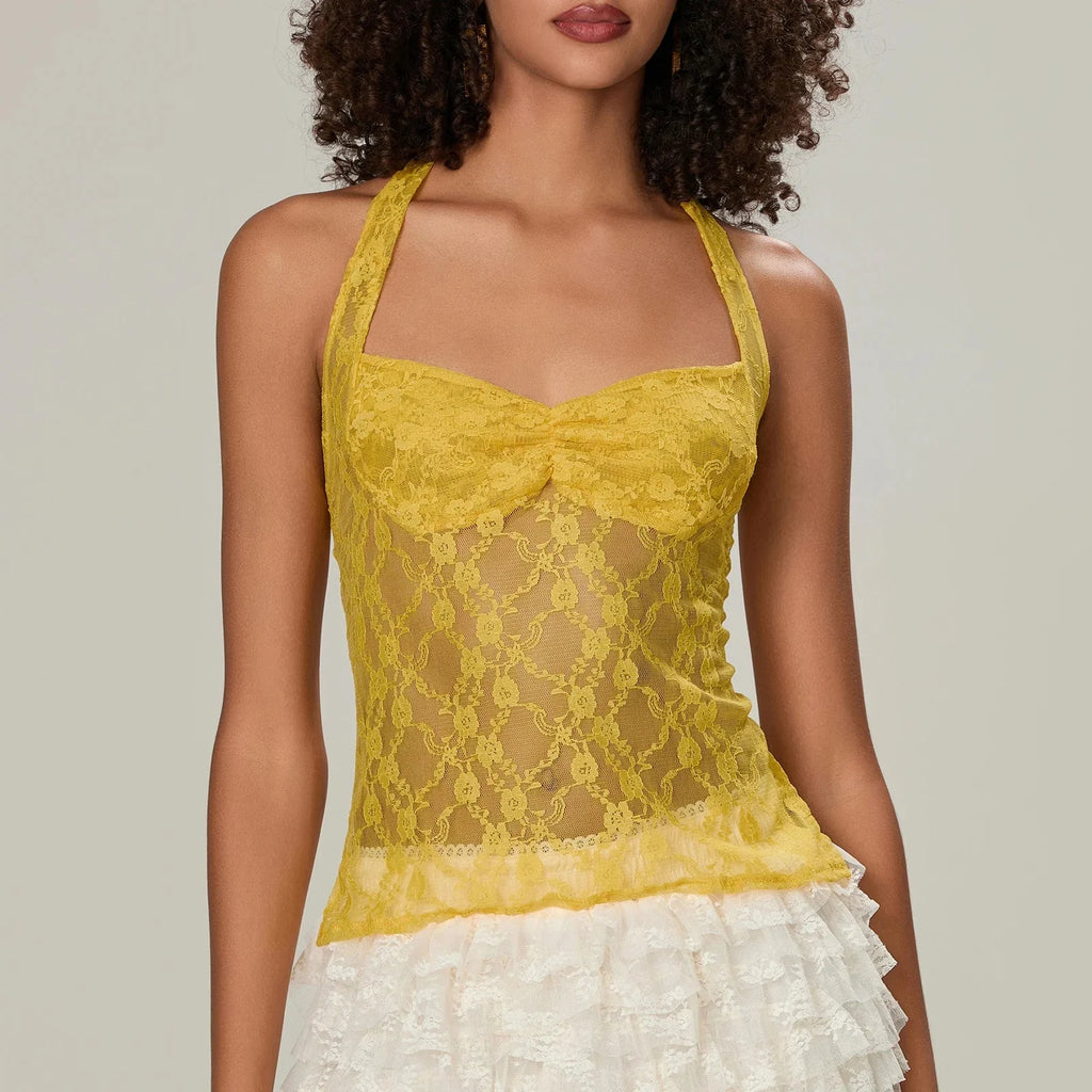 Lace Halter Tie-Up Crop Top