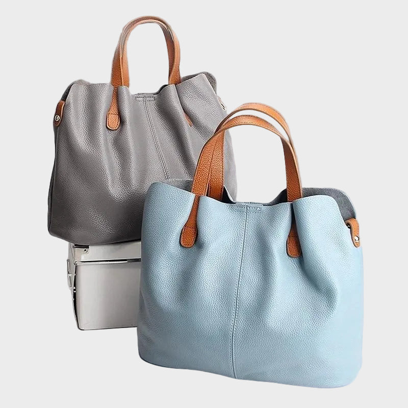 Contrast Handle Slouch Pebbled Leather Top Handle Shoulder Bag