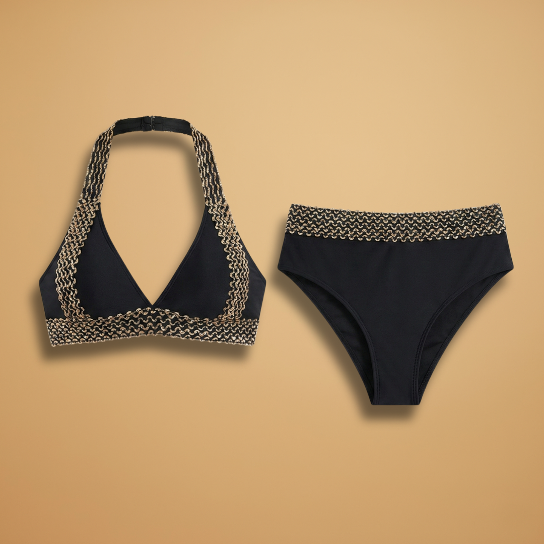Halter Neck Gold Trim High Waisted Triangle Bikini