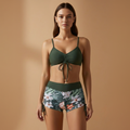 Floral Ruched Tie Front V Neck High Waisted Bikini