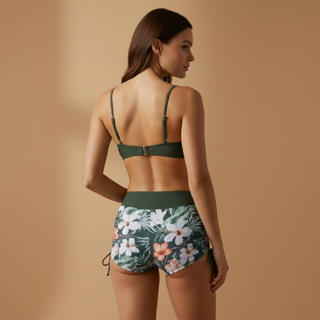 Floral Ruched Tie Front V Neck High Waisted Bikini