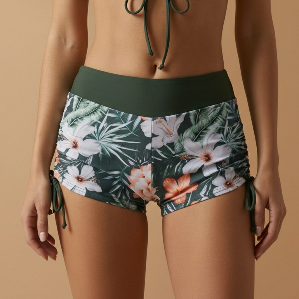 Floral Ruched Tie Front V Neck High Waisted Bikini