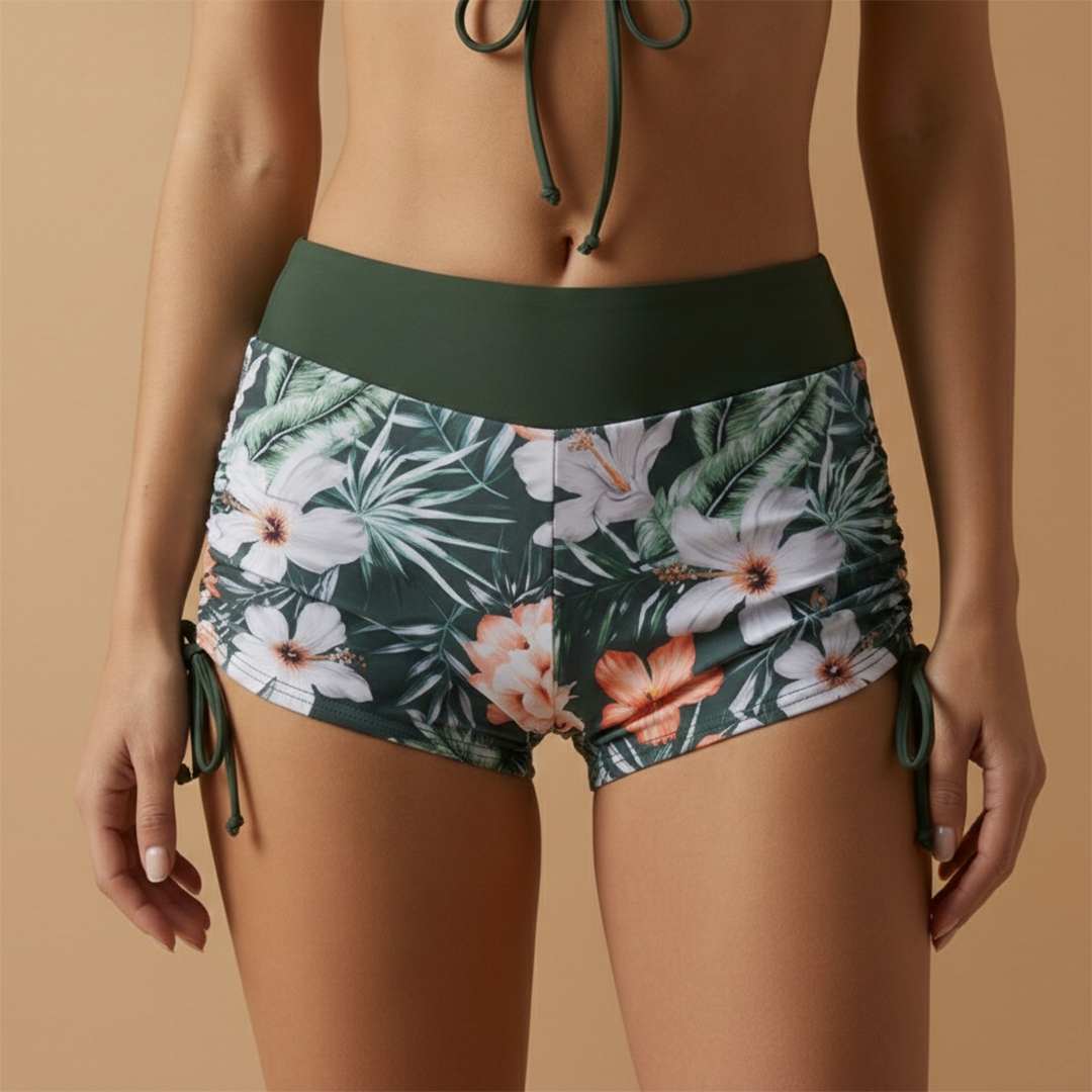 Floral Ruched Tie Front V Neck High Waisted Bikini