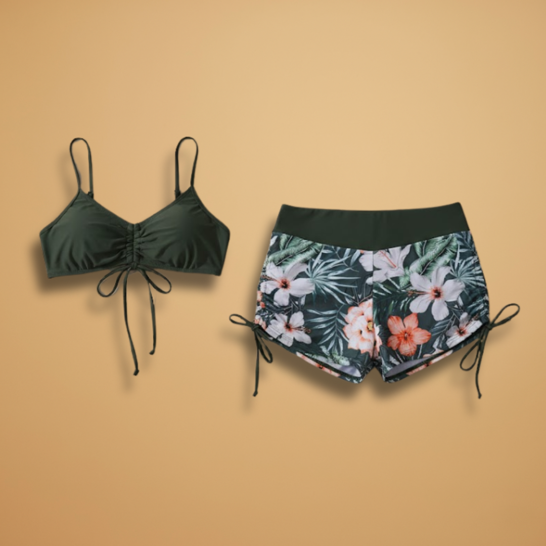 Floral Ruched Tie Front V Neck High Waisted Bikini