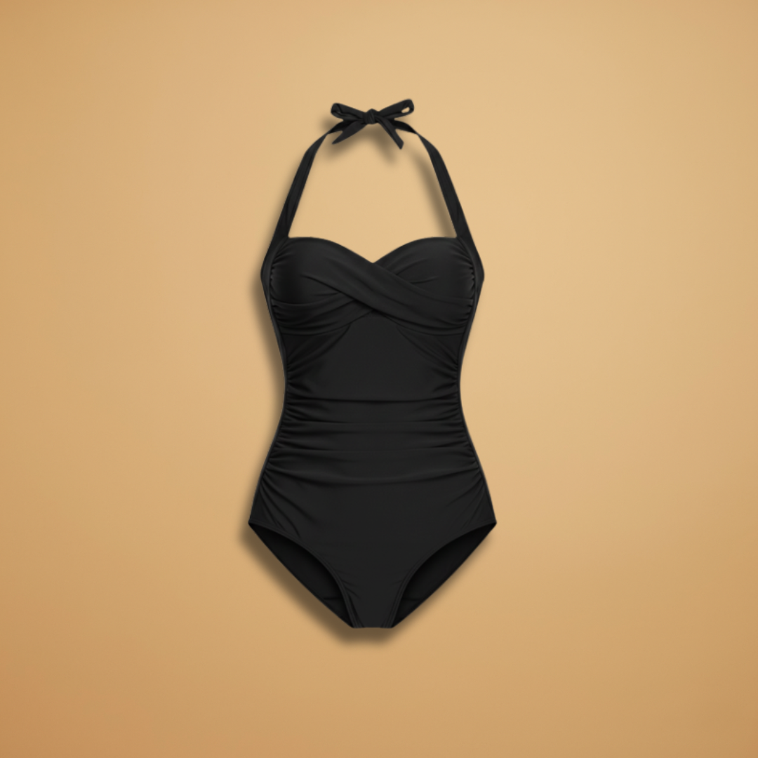 Halter Neck Twist Front Ruched Tummy Control One Piece Swimsuit