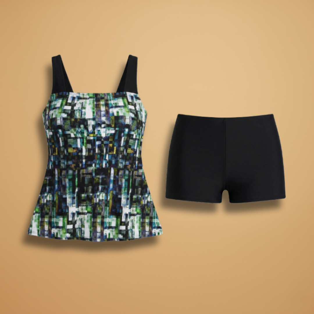 Abstract Print Square Neck Peplum Tankini with Boy Shorts