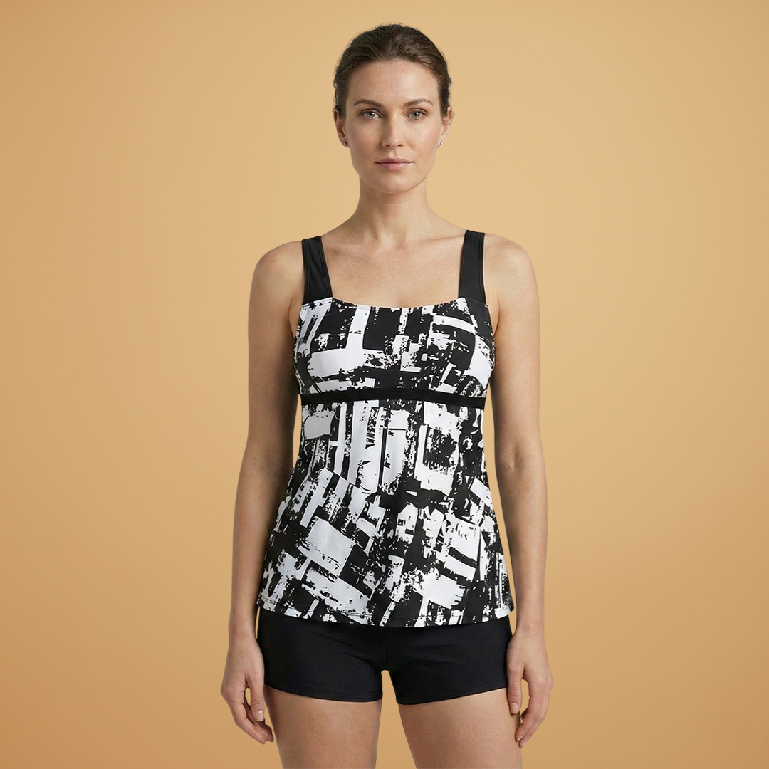 Abstract Print Square Neck Peplum Tankini with Boy Shorts