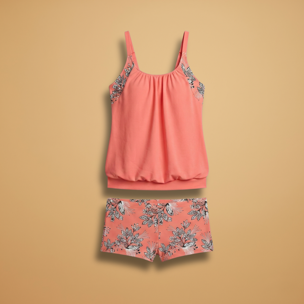 Floral Panel Scoop Neck Blouson Racerback Tankini with Shorts
