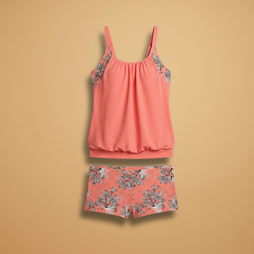 Floral Panel Scoop Neck Blouson Racerback Tankini with Shorts