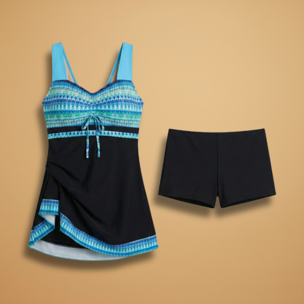Geometric Print Sweetheart Tie Front Skirted Swim Dress