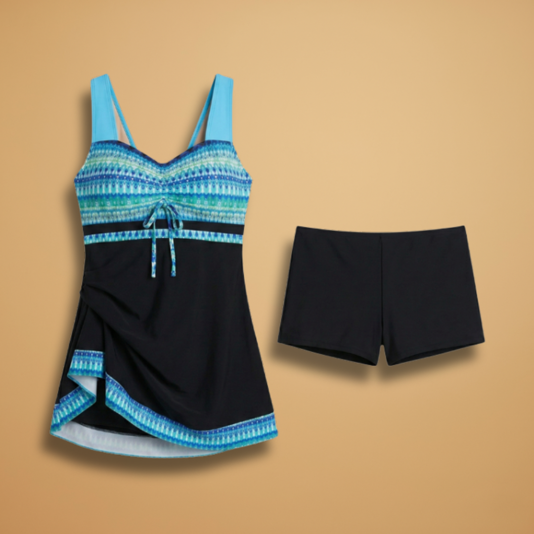 Geometric Print Sweetheart Tie Front Skirted Swim Dress