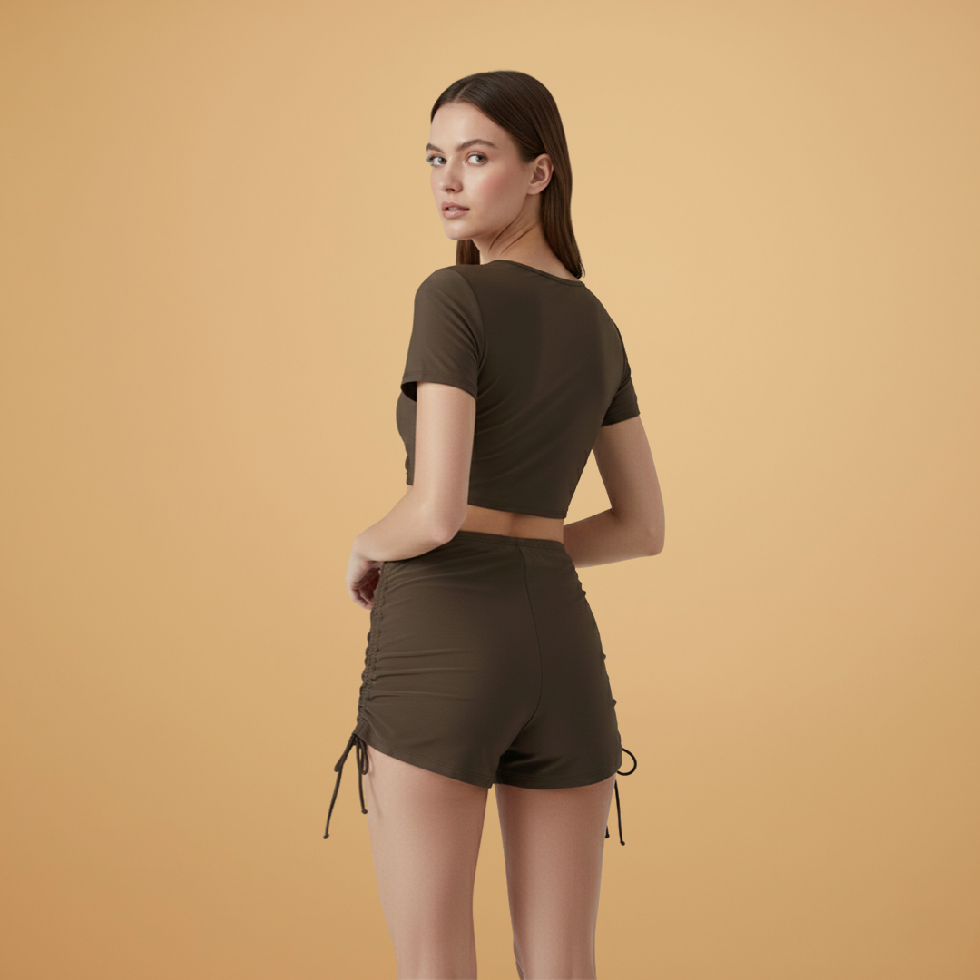 Ruched Tie Front V Neck Crop Top and Short Two Piece Swimsuit