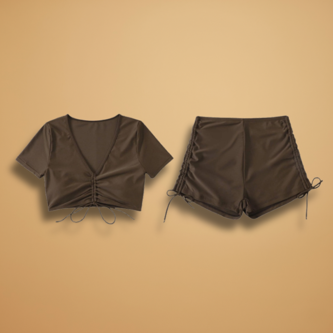 Ruched Tie Front V Neck Crop Top and Short Two Piece Swimsuit