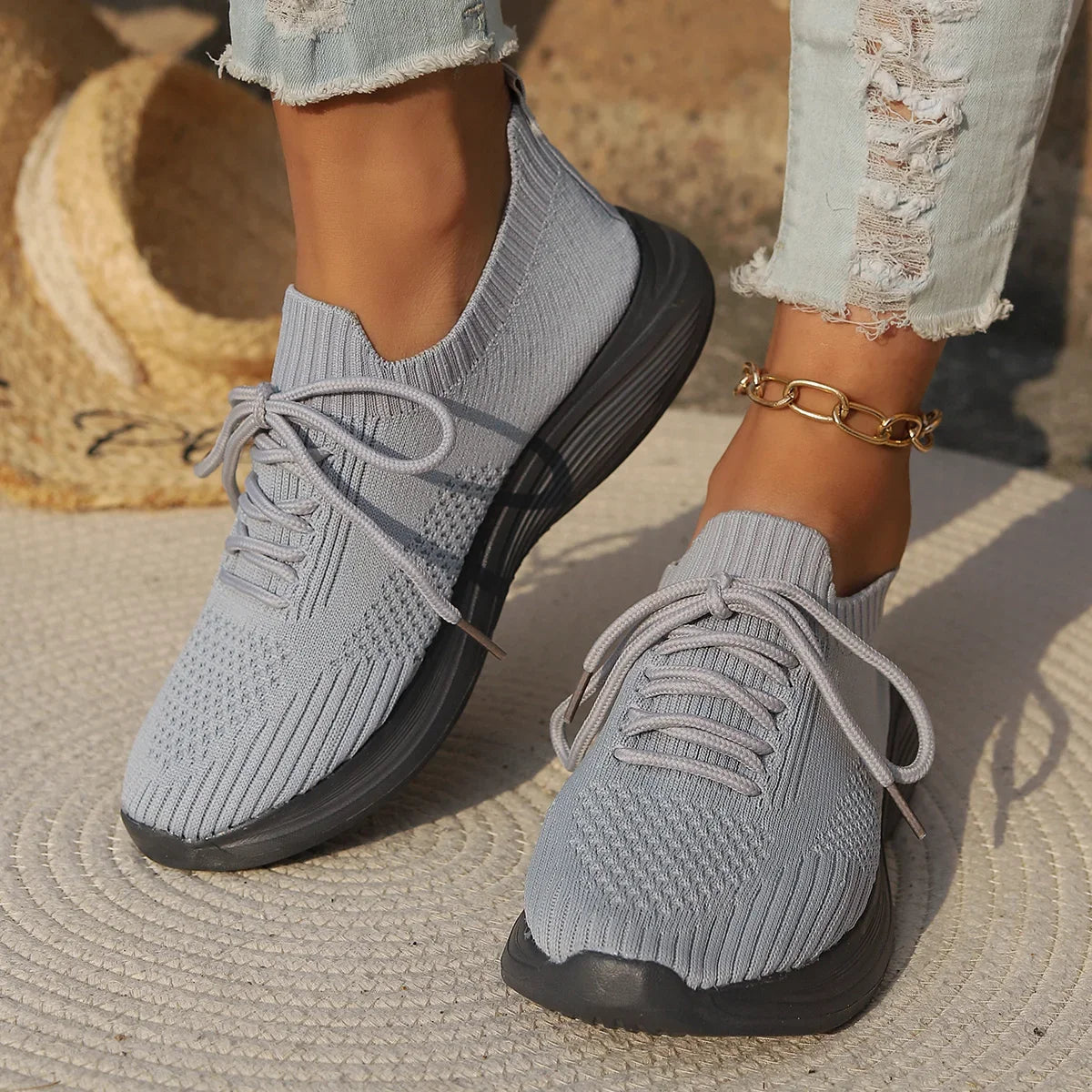 Ribbed Knit Sock Lace Up Lightweight Casual Sneakers