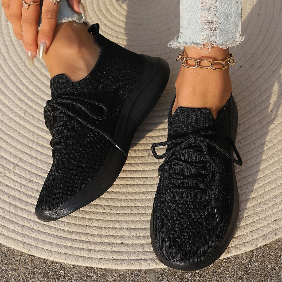 Ribbed Knit Sock Lace Up Lightweight Casual Sneakers