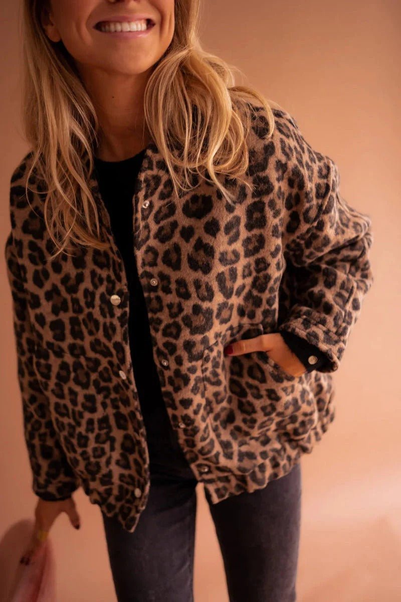 Leopard Print Snap-Front Bomber Jacket