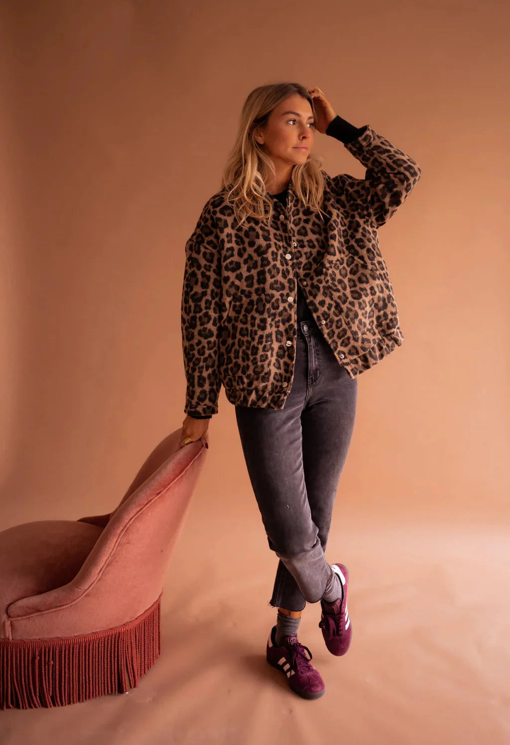 Leopard Print Snap-Front Bomber Jacket
