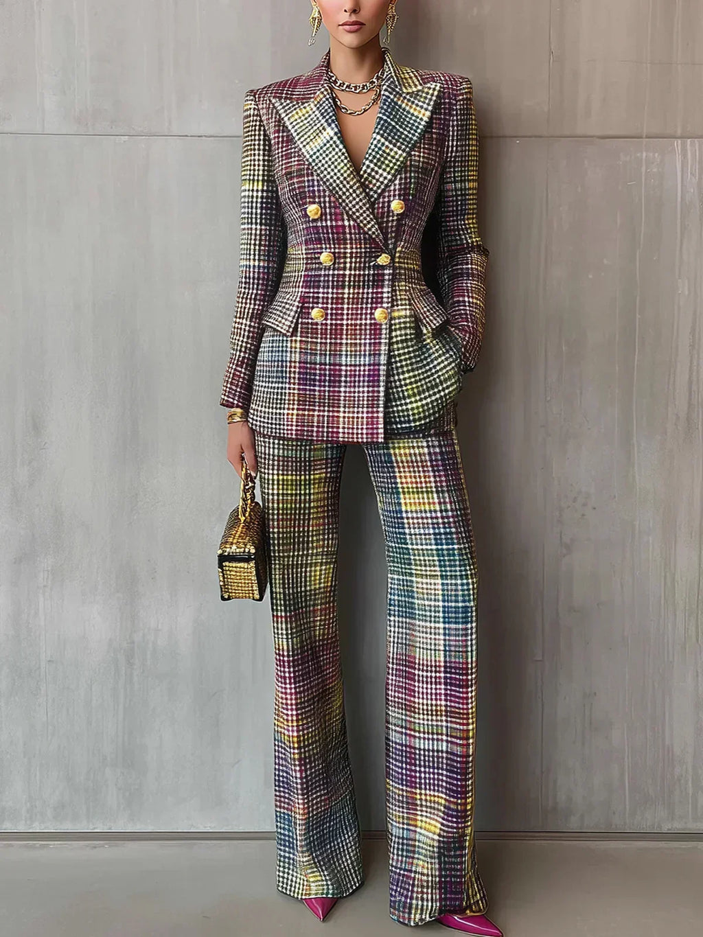 Multicolour Plaid Double Breasted Blazer Wide Leg Two Piece Set
