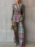 Multicolour Plaid Double Breasted Blazer Wide Leg Two Piece Set