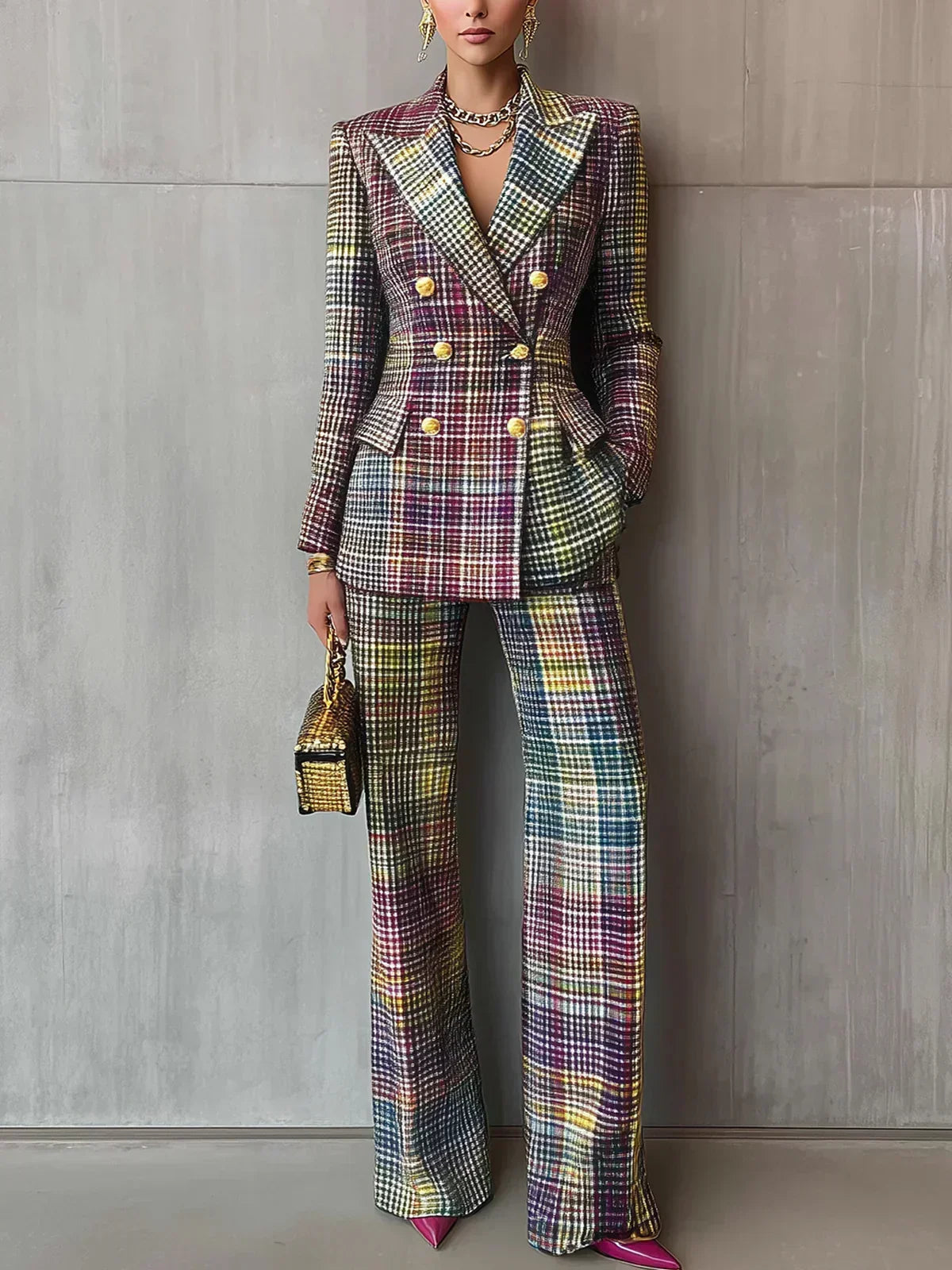 Multicolour Plaid Double Breasted Blazer Wide Leg Two Piece Set