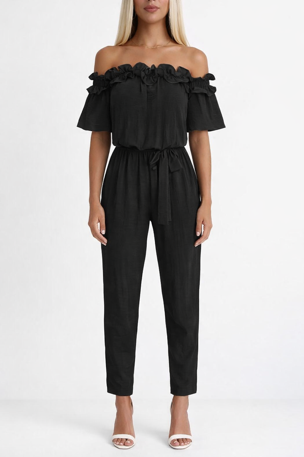 Ruffle Off Shoulder Drawstring Waist Casual Linen Jumpsuit