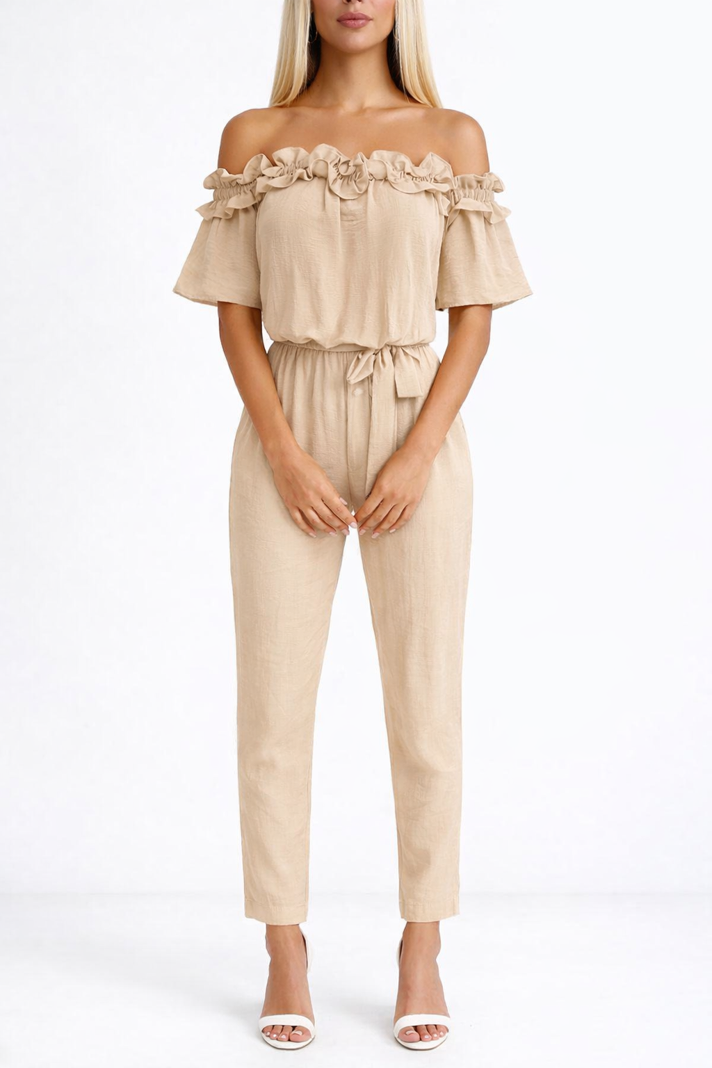 Ruffle Off Shoulder Drawstring Waist Casual Linen Jumpsuit