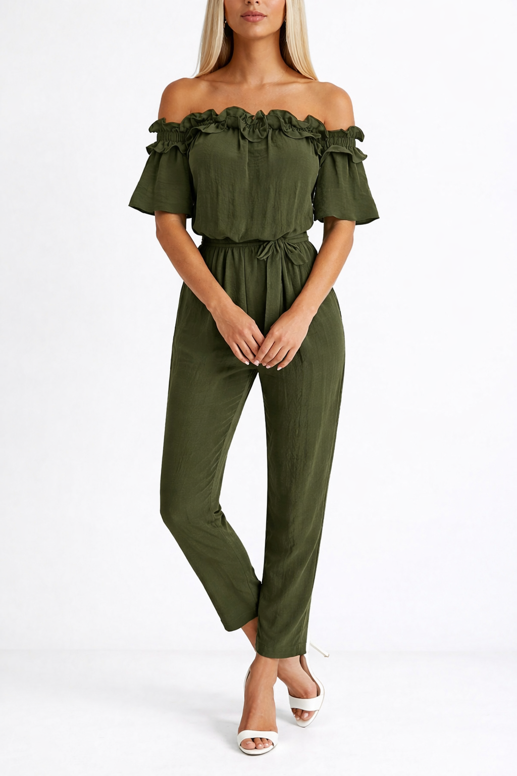 Ruffle Off Shoulder Drawstring Waist Casual Linen Jumpsuit