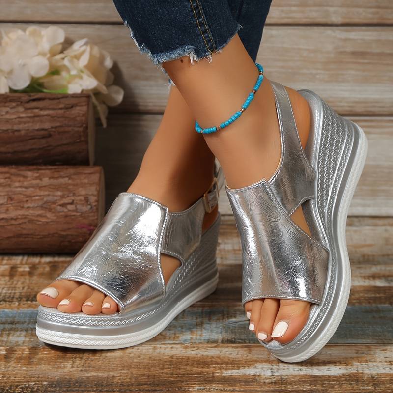 Metallic Crossover Cut Out Hook Loop Platform Wedge Sandal