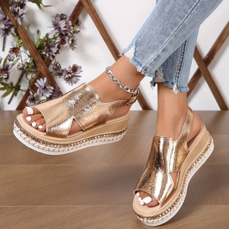 Metallic Crossover Cut Out Hook Loop Platform Wedge Sandal