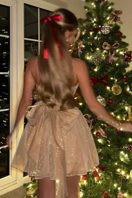 Strapless Glitter Tulle Skater Homecoming Dress