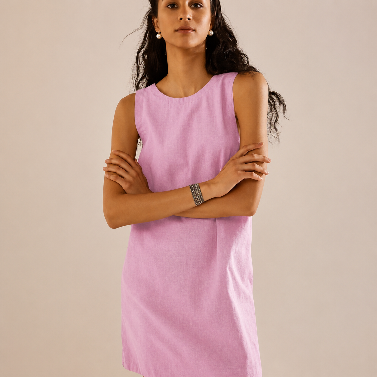 Round Neck Sleeveless Shift Cotton Mini Dress