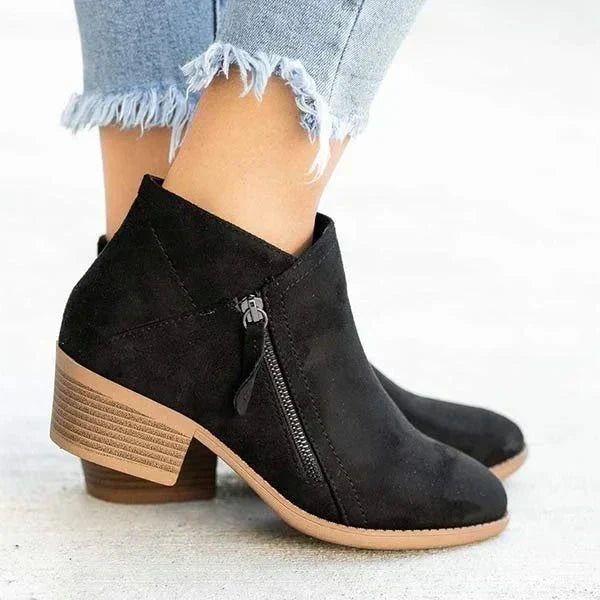 Suede Side Zip Block Heel Casual Ankle Boot
