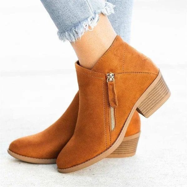 Suede Side Zip Block Heel Casual Ankle Boot