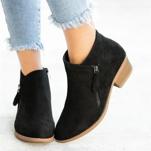 Suede Side Zip Block Heel Casual Ankle Boot