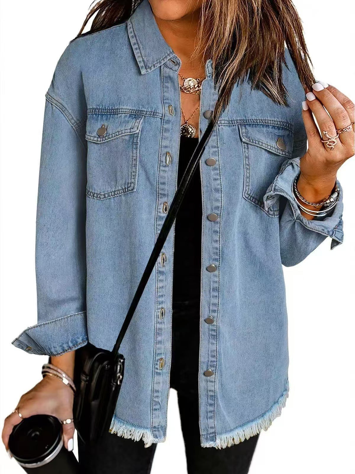 Longline Frayed Casual Hem Denim Jacket