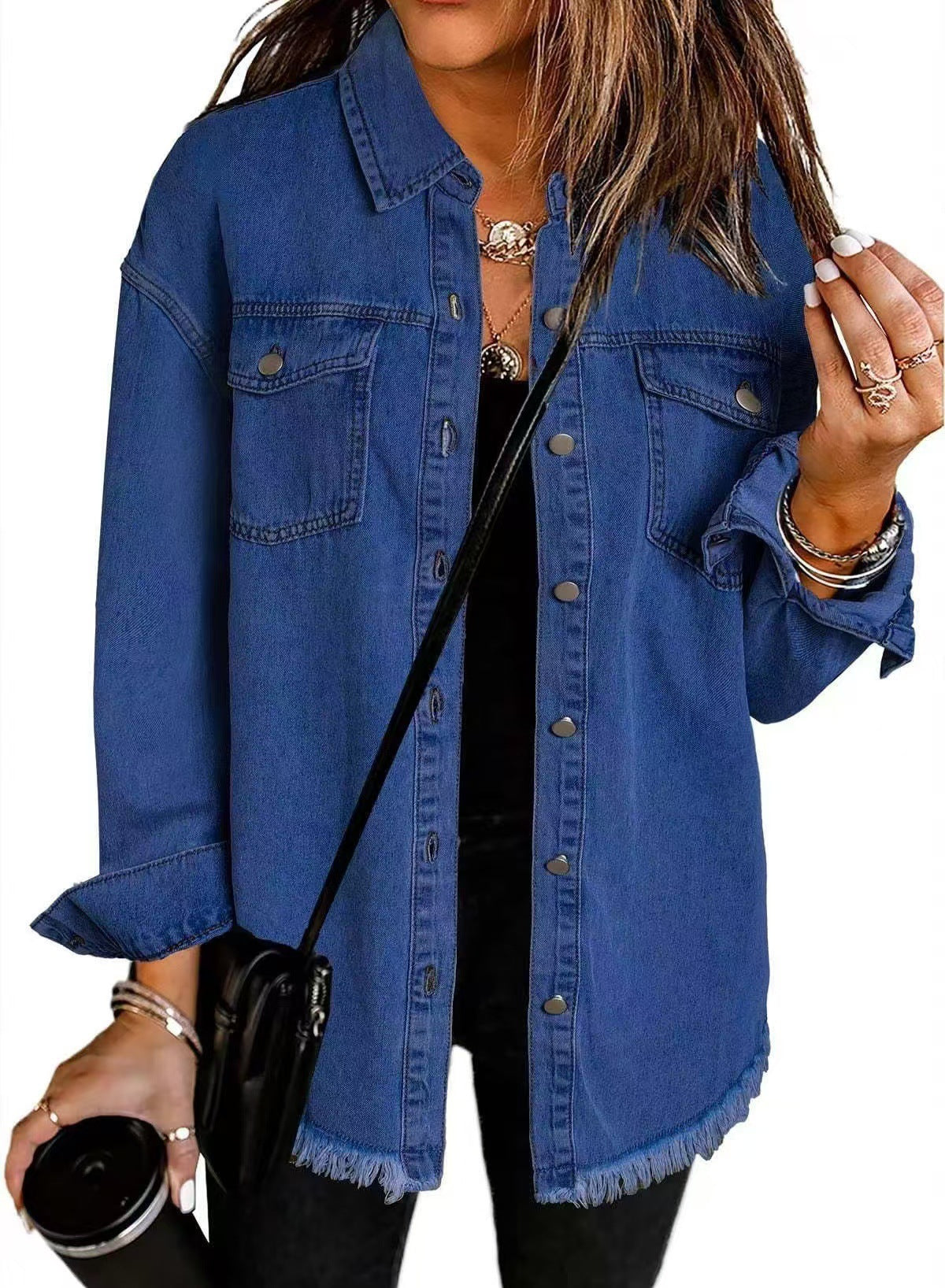 Longline Frayed Casual Hem Denim Jacket