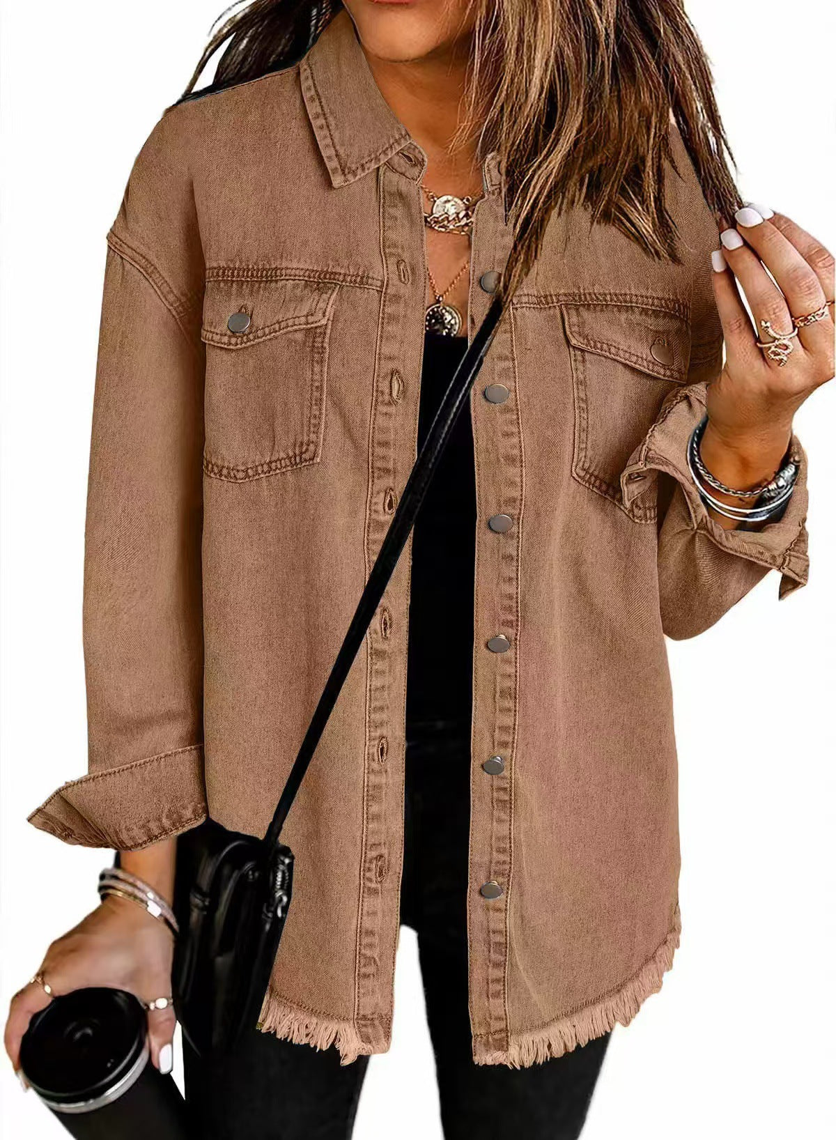 Longline Frayed Casual Hem Denim Jacket