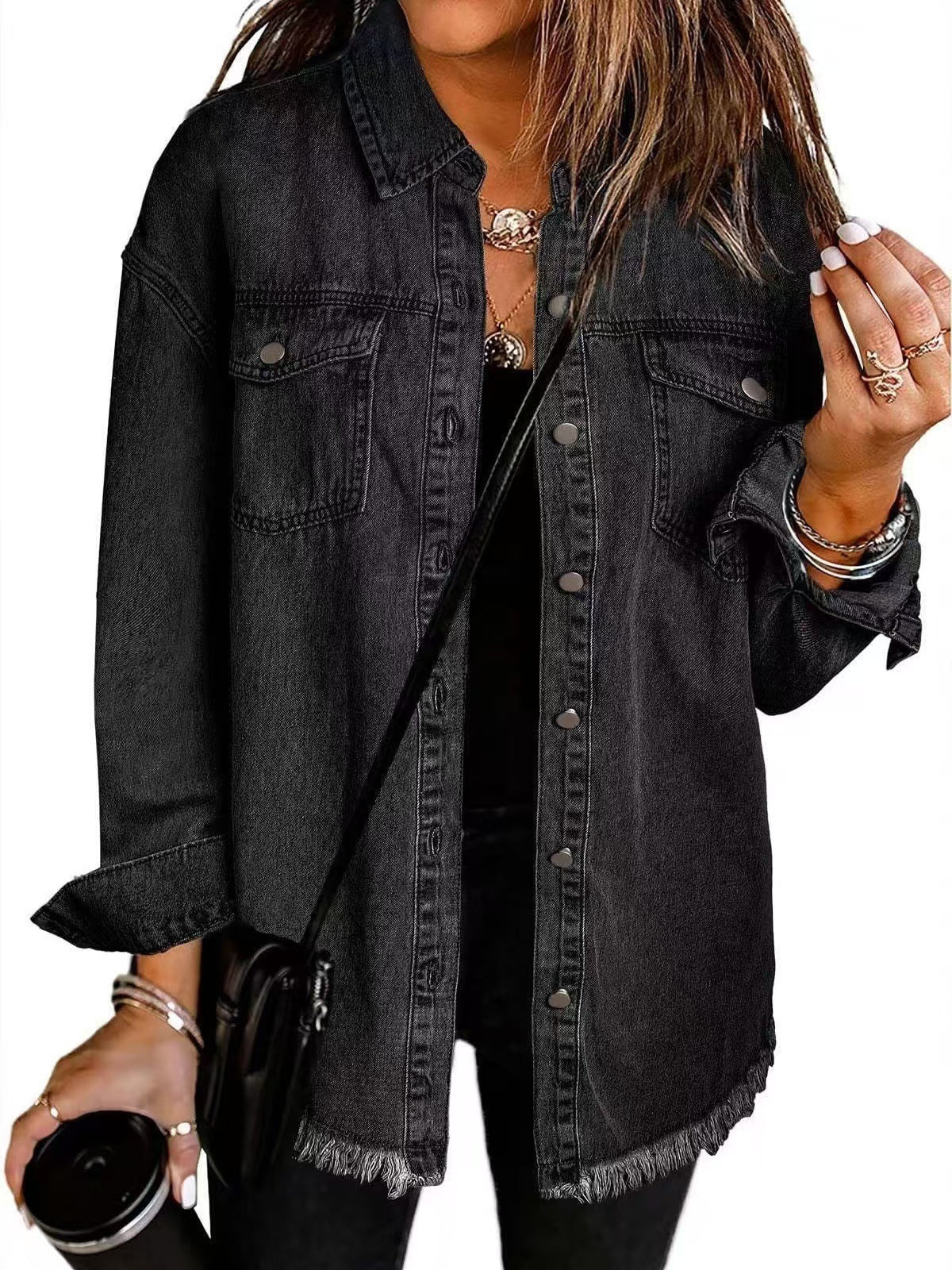 Longline Frayed Casual Hem Denim Jacket