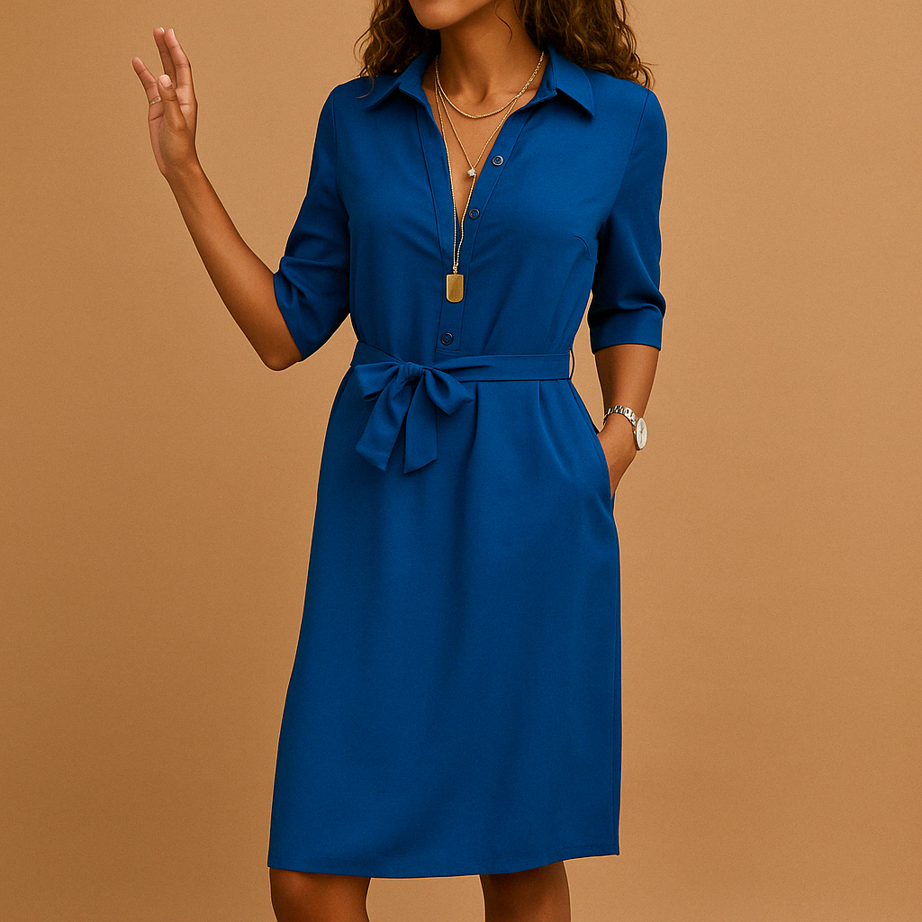 Collared V Neck Tie Waist Half Sleeve Shirt Midi Dress