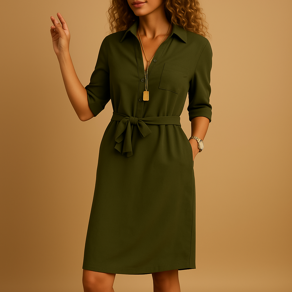 Collared V Neck Tie Waist Half Sleeve Shirt Midi Dress