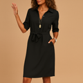 Collared V Neck Tie Waist Half Sleeve Shirt Midi Dress