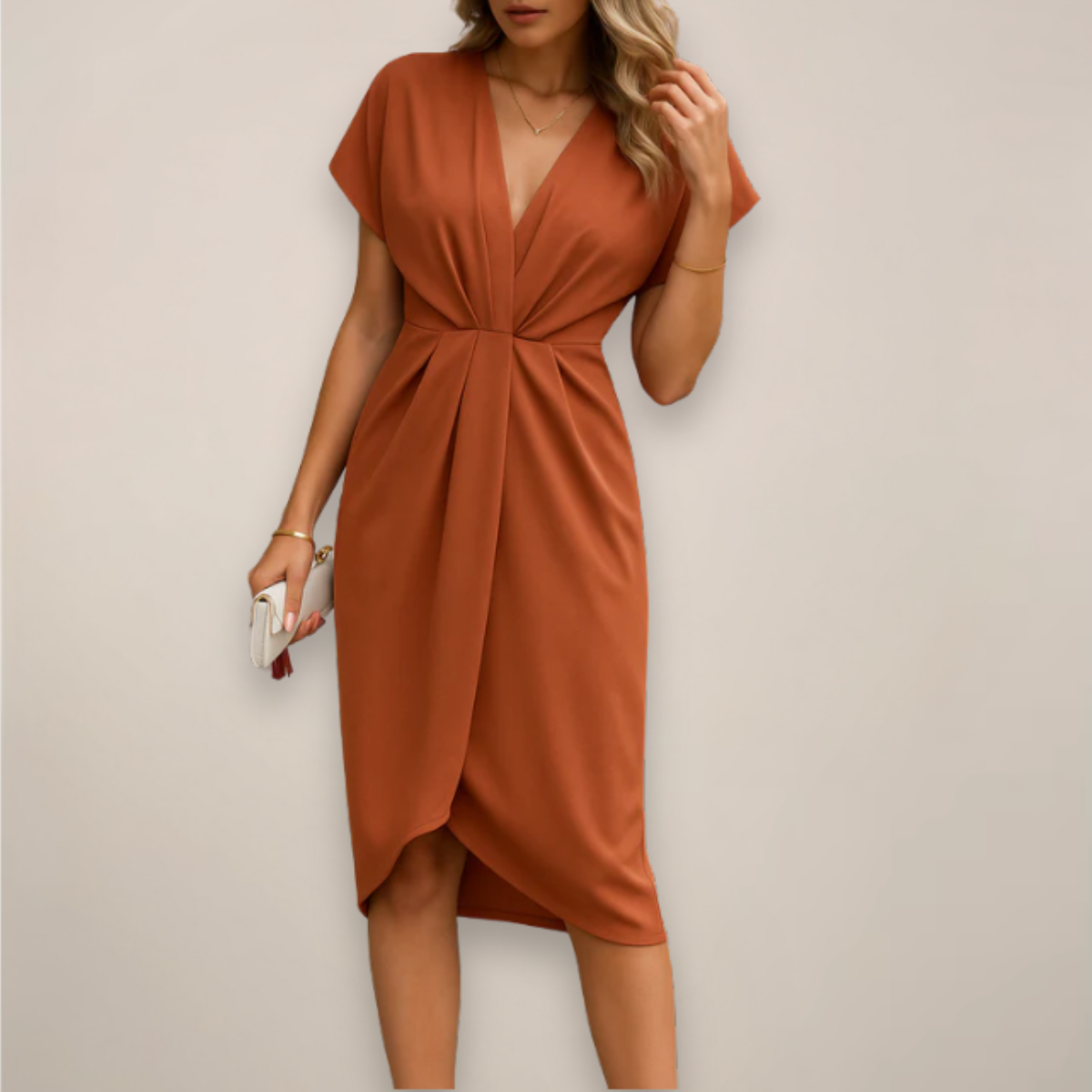 Twist Knot Front V Neck Short Sleeve Bodycon Midi Dress