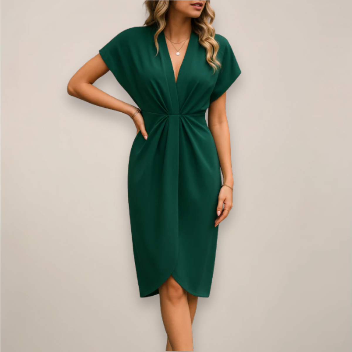 Twist Knot Front V Neck Short Sleeve Bodycon Midi Dress