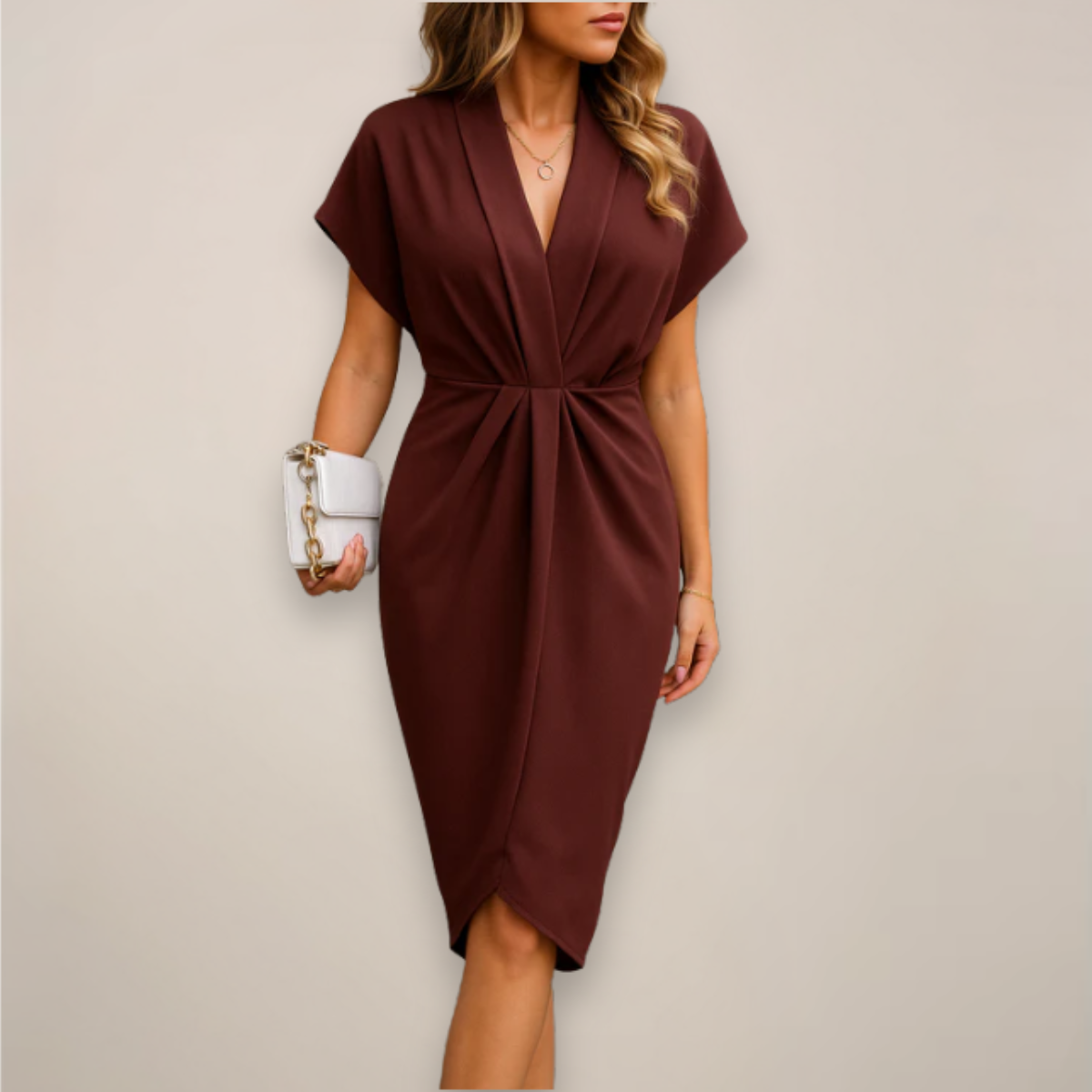 Twist Knot Front V Neck Short Sleeve Bodycon Midi Dress