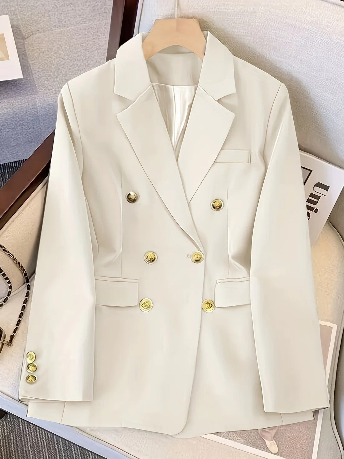 Gold Button Double Breasted Notch Lapel Tailored Blazer