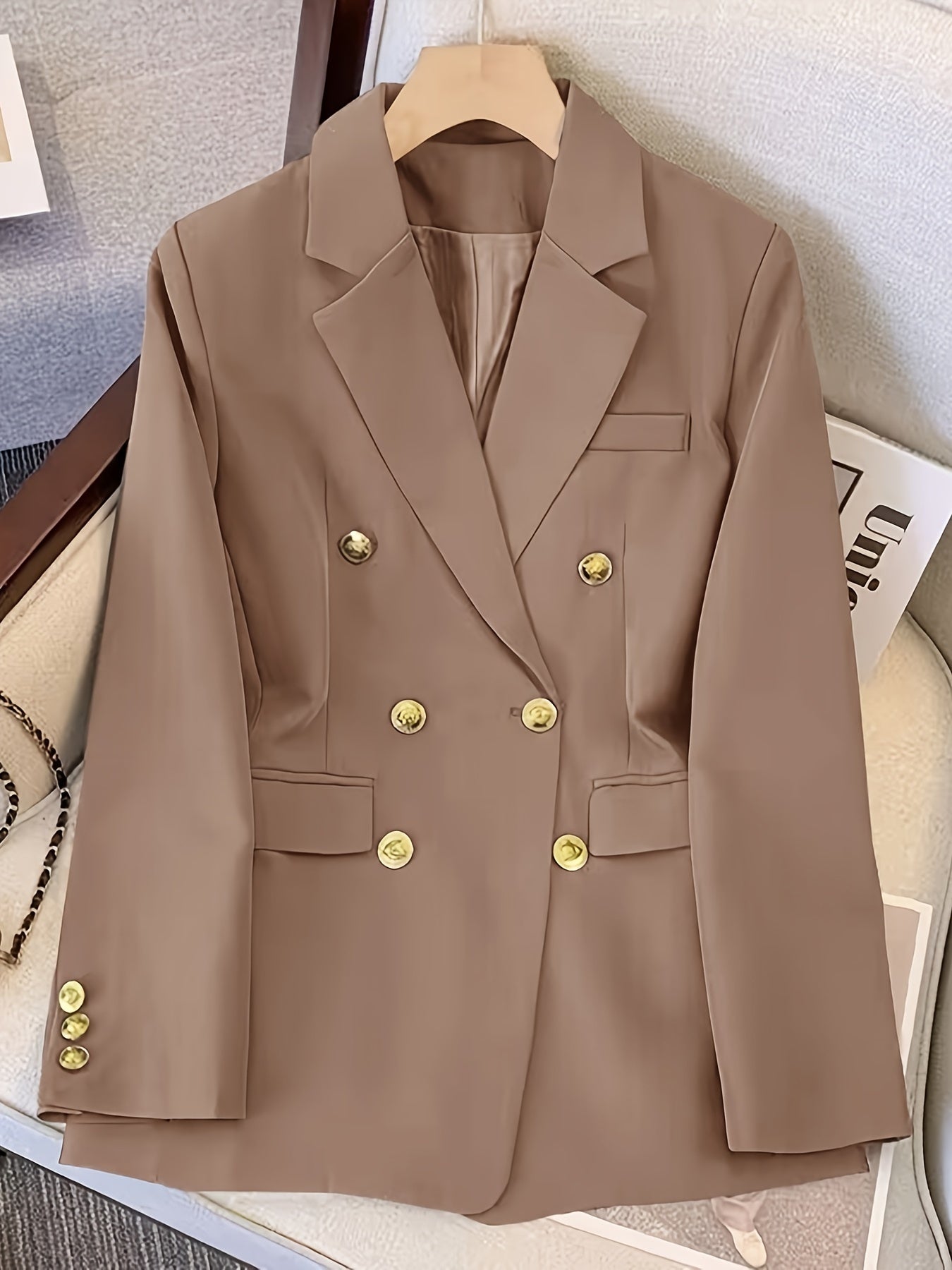 Gold Button Double Breasted Notch Lapel Tailored Blazer