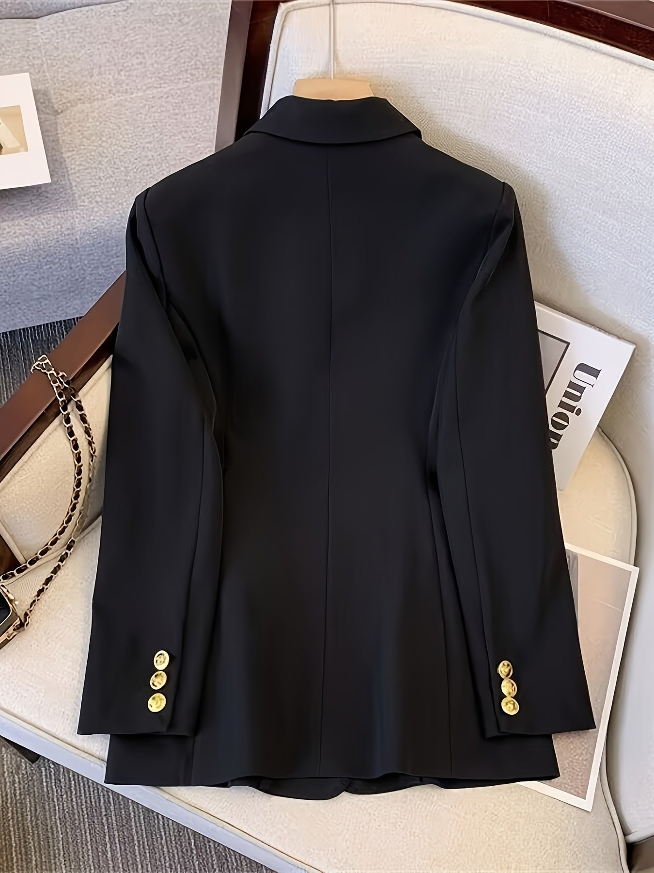 Gold Button Double Breasted Notch Lapel Tailored Blazer