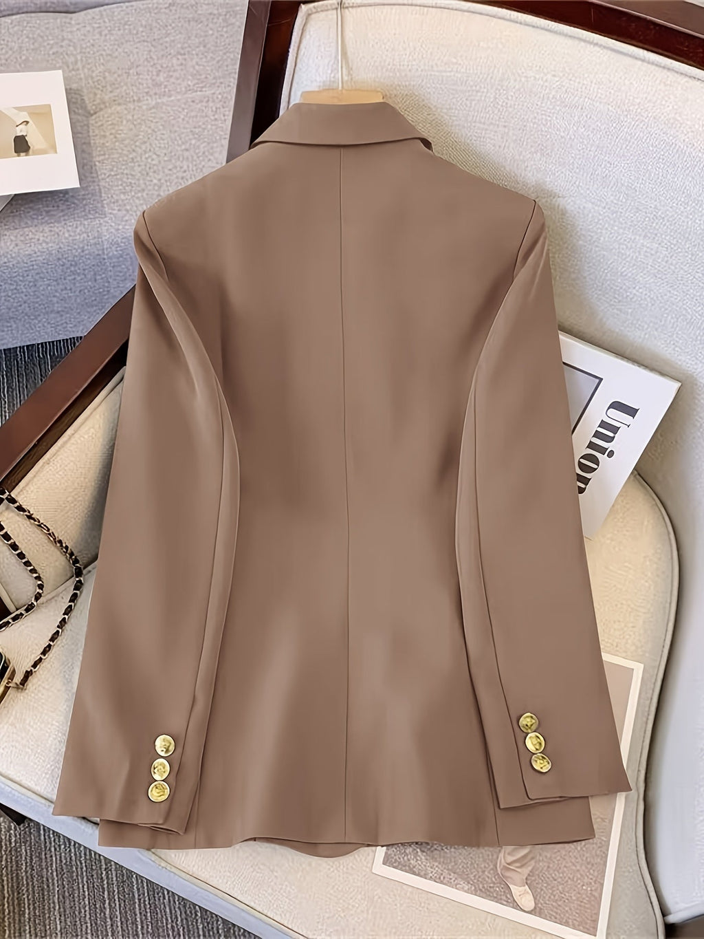 Gold Button Double Breasted Notch Lapel Tailored Blazer
