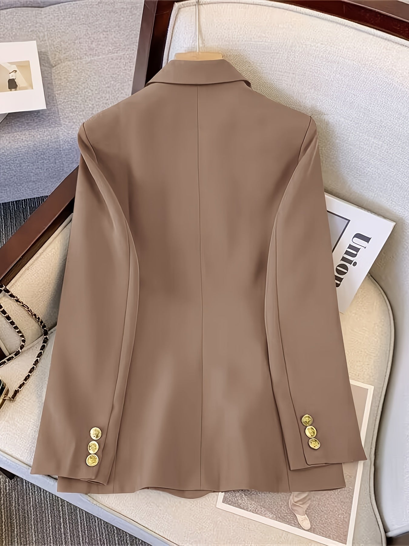 Gold Button Double Breasted Notch Lapel Tailored Blazer