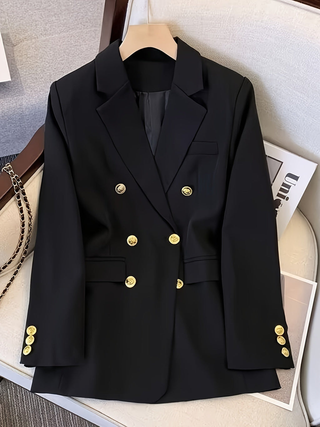 Gold Button Double Breasted Notch Lapel Tailored Blazer